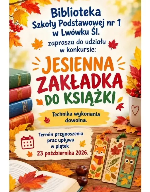 Szkoła Podstawowa nr 1 w Lwówku Śląskim ogłasza konkurs na jesienną zakładkę do książki