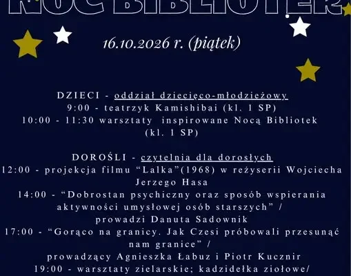 Noc Bibliotek 2026 w Mirsku – teatrzyk, film Hasa i warsztaty zielarskie