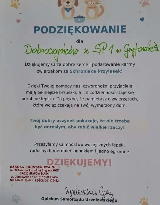 Uczniowie SP Gryfów zebrali 149,52 kg karmy dla zwierząt
