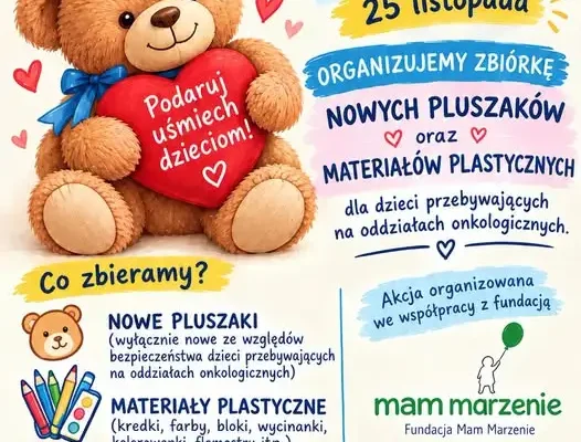 Zbiórka pluszaków i materiałów plastycznych dla dzieci z oddziałów onkologicznych